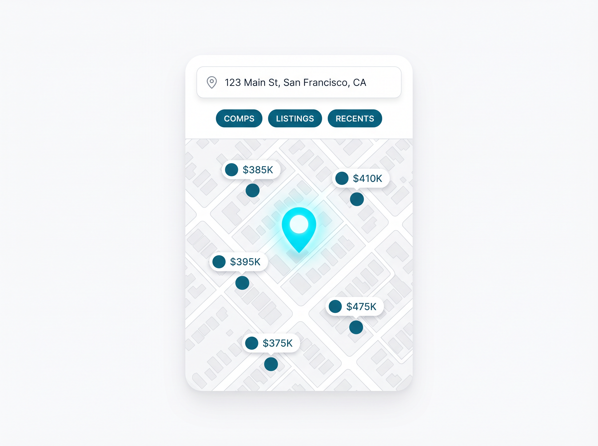 PropBoxIQ comp map showing teal pin markers across a residential map with a glowing target property