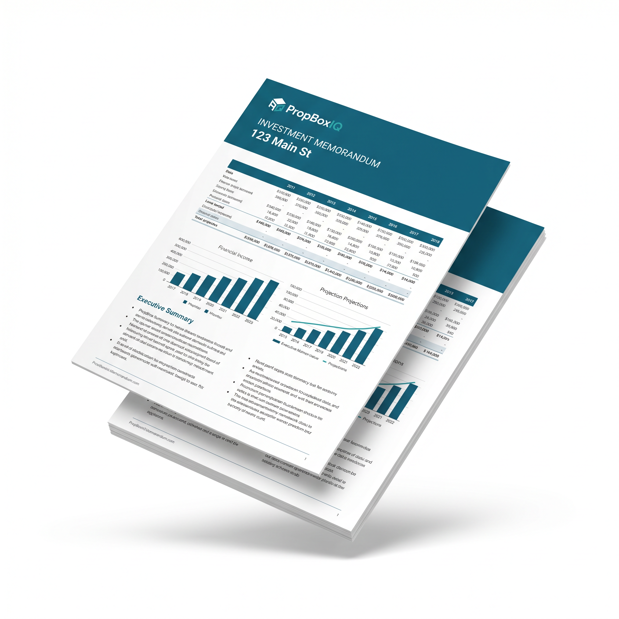 Investment Memorandum PDF mockup with PropBoxIQ branding, financial projections and bar charts