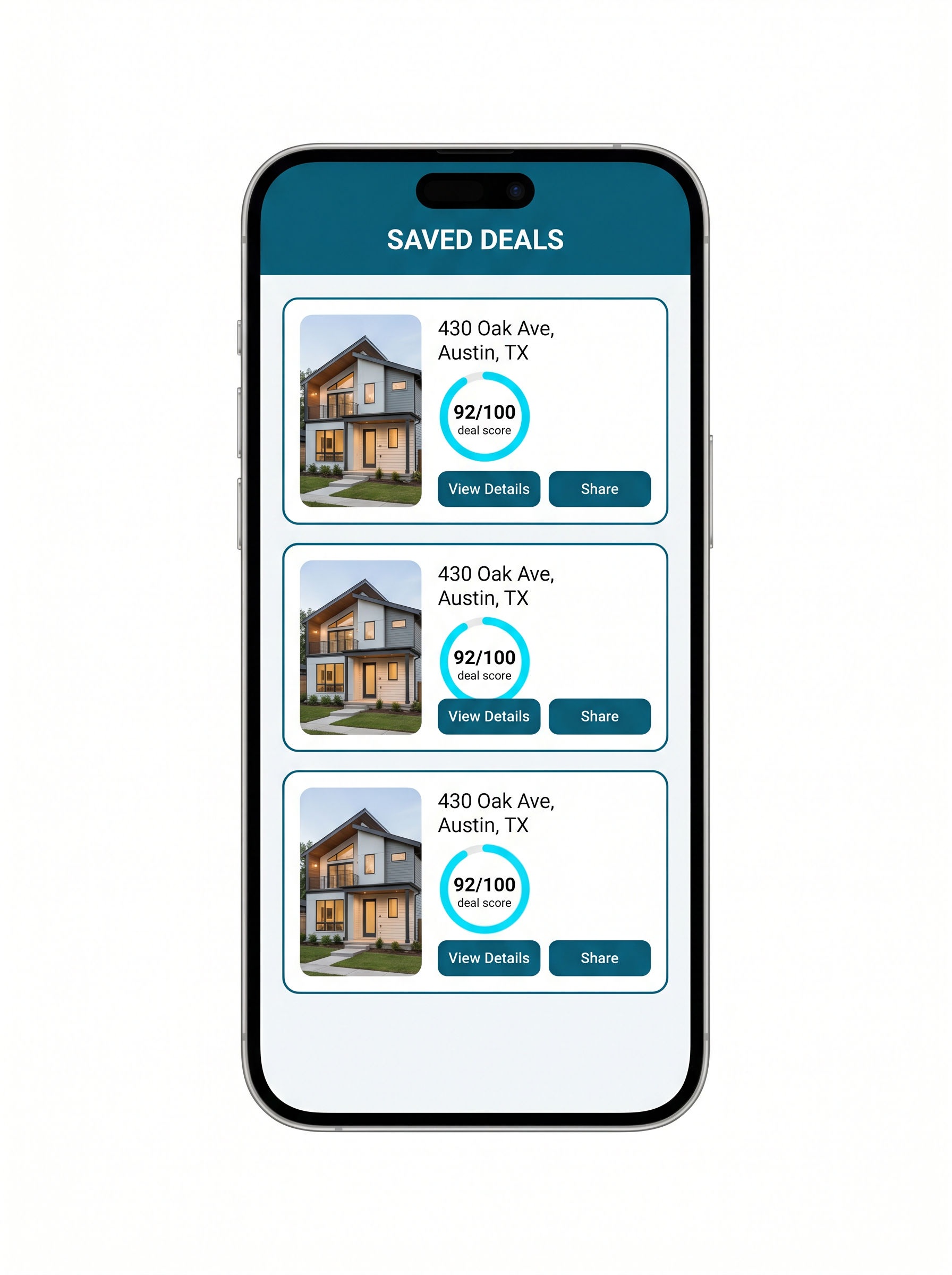 iPhone mockup showing the PropBoxIQ saved deals screen with property cards